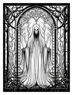 a black and white drawing of a ghost standing in front of a stained glass window