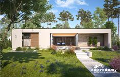 an artist's rendering of a modern house in the middle of trees and bushes