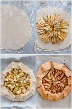 four pictures showing how to make an apple pie with dough and apples in the middle