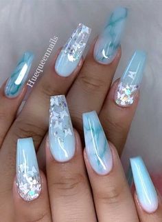 Are you looking for cute marble nails in white, pink, black, grey, blue or green? If so, these stunning nail designs are perfect for you! Long Acrylic Nail Designs, Blue Acrylic Nails, Ombre Acrylic Nails, White Nail