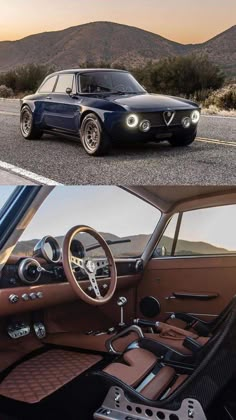 an old car is shown in two different pictures, one with the dashboard and the other with