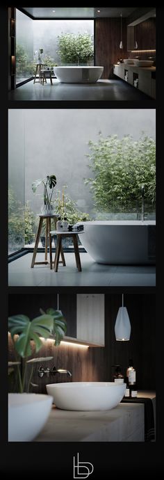 three different views of a bathroom with plants in the bathtub and on the sink