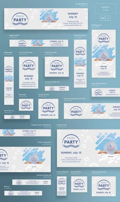 a blue and white party flyer with two different designs on the front, one for an event