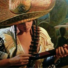 a painting of a woman wearing a sombrero and holding a guitar in her hands