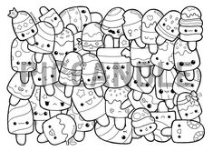 a large group of cartoon characters with hats and scarves on their heads, all in black and white