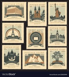 postage stamps with famous places and symbols