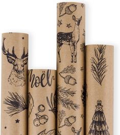 three rolls of brown wrapping paper with black and white drawings on them, each rolled up in different directions