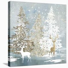 two deer standing next to each other in front of snow covered trees and evergreens