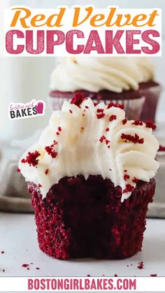 red velvet cupcakes with white frosting and sprinkles on top