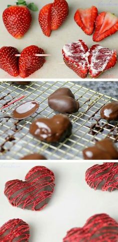 chocolate covered strawberries and heart shaped cookies on a cooling rack with hearts cut in half