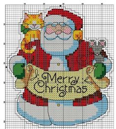 a cross stitch christmas card with santa holding a sign that says merry christmas and two cats