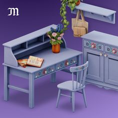 a dollhouse desk and chair with a purse on it, next to a flower pot