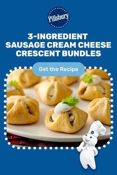 three ingredient sausage cream cheese crescent buns on a white plate with a blue background