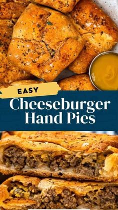 cheeseburger hand pies are stacked on top of each other with dipping sauce