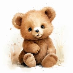 a brown teddy bear sitting on top of a white floor next to watercolor stains