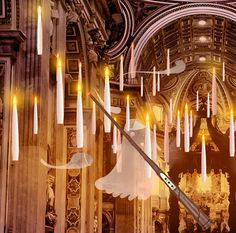 an artistic image of candles and angel wings in a church with the lights on them