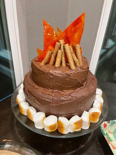 a chocolate cake with marshmallows and crackers on top