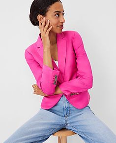 Elevate your wardrobe with the Ann Taylor Newbury Blazer in Bold Pink, a testament to modern tailoring and chic design. This linen blend blazer is essential for a polished look, whether at the office or a weekend outing.

- **Size:** 0 (Regular fit)
- **Color:** Bold Pink
- **Material:** Shell: 52% Linen, 48% Rayon; Lining: 100% Polyester
- **Gender:** Female
- **Features:**
  - Notched lapel for a sharp look
  - Bracelet button-open sleeves for styling versatility
  - Single-button front closur Modern Tailoring, Female Features, Getaway Dress, Open Sleeves, Style Steal, Open Sleeve, Petite Jacket, Knit Blazer, Midi Maxi Dress