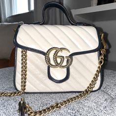 Used Once, Like New! Off White Leather And Navy With Gold Crossbody Chain. Comes With Box And Dust Bag. Gucci Crossbody, Gucci Bags, Crossbody Purse, White Leather, Gucci Bag, Purses Crossbody, Dust Bag, Bag Lady, Like New