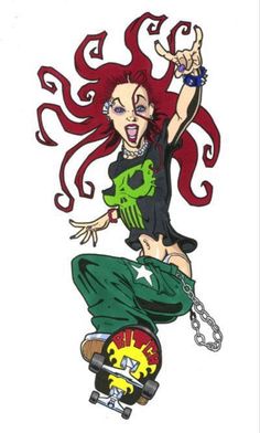 a drawing of a woman with red hair and tattoos on her body, riding a skateboard