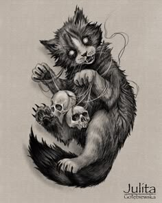 a black and white drawing of a cat holding two skulls