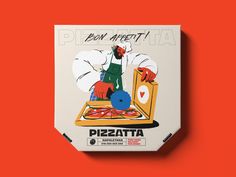 a pizza box with an image of a chef on it's back and the word pizza written in italian