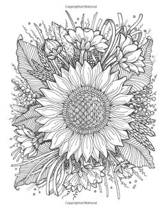 a black and white drawing of a large sunflower with lots of leaves on it