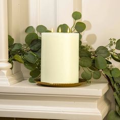 a white candle sitting on top of a table next to green leaves and a potted plant