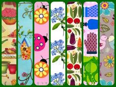 four different colored bookmarks with ladybugs, flowers and gardening related items on them