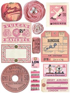 an assortment of pink and white luggage tags, labels, and stickers on a white background