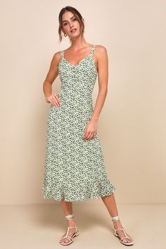 The Lulus Darling Daisies Green Floral Print Midi Dress has us dreaming of sunny days spent picking flowers! Lightweight, woven fabric, in a ditsy white, yellow, and blue daisy floral print, falls from wide straps, into a button-front triangle bodice and a midi skirt with a high, fitted waist and ruffle trimmed hem. Tying detail at back allows a custom fit. Hidden side zipper. Fit: This garment fits true to size. Length: Mid-calf length. Size medium measures 43" from shoulder to hem. Bust: Great for any cup size. Waist: Fitted - very fitted at natural waist. Hip: Loosely Fitted. Undergarments: May be worn with a strapless bra, adhesive bra, petals, or no bra. Fabric: Fabric has no stretch. Fully lined. Shell: 100% Polyester. Lining: 100% Polyester. Hand Wash Cold. Do Not Bleach. Line Dry. Skirt Outfit Inspiration, Green Floral Print Dress, Midi Skirt Spring, Casual Sundress, Picking Flowers, Midi Skirt Outfit, Green Floral Print, Blue Daisy, Adhesive Bra