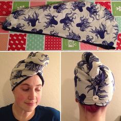 two pictures of a woman wearing a bandana and one has her head wrapped in a towel