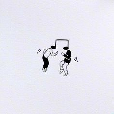 two people are dancing with musical notes on the wall behind them, and one person is holding a cell phone