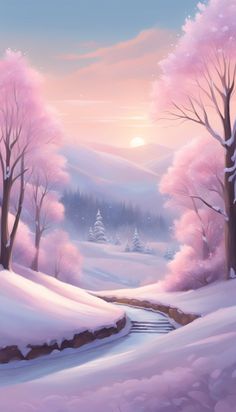 a painting of a snowy landscape with pink trees and snow covered hills in the background