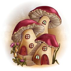 three mushroom houses with red roof and pink flowers on the ground, in front of a white