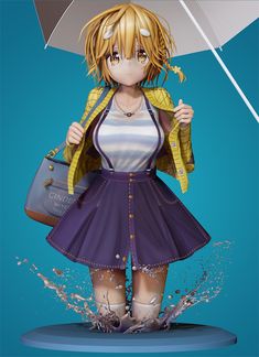 an anime character holding an umbrella and posing for the camera with water splashing around her