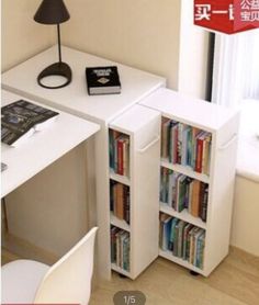 a small white desk with bookshelves and a lamp on the table next to it