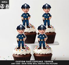 four cupcakes with police officers on them