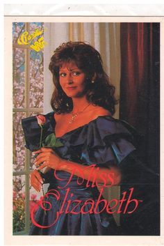 a woman holding a rose in front of a window with the words miss elizabeth on it