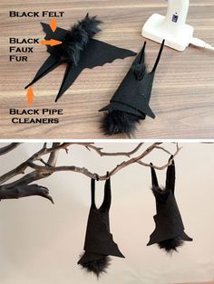 the instructions for how to make bats out of felt and fabric, hanging from a tree branch