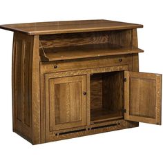 a wooden entertainment center with doors open