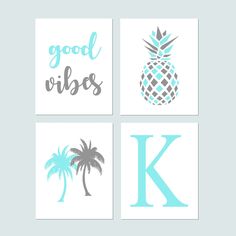 four blue and white wall art prints with the letter k, pineapple, good vibes