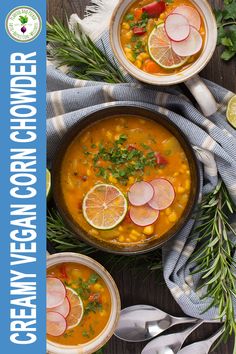 two bowls filled with soup and garnished with radishes, lemons, carrots and herbs