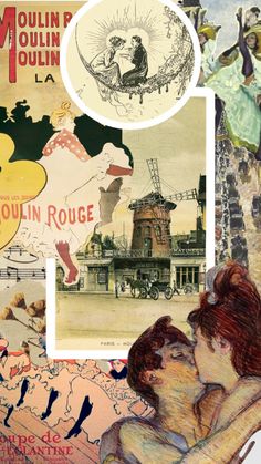 collage of various images including an image of a woman and a man kissing in front of a windmill