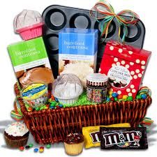 a basket filled with lots of different types of food and candy on top of a table