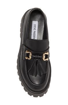 Swingy tassels and polished bit hardware detail the vamp of a sophisticated loafer set on a chunky lugged sole for lasting style and stability. 1 1/2" heel; 1 1/2" platform Round toe Slip-on style Leather or synthetic upper/synthetic lining and sole Imported Atl Outfits, Office Fits, Black Platform Shoes, Chunky Loafers, Loafer Women, Platform Mary Janes, Platform Loafers, Black Platform, Pretty Design