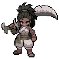 a pixel art character holding a knife in her right hand and looking at the camera