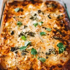 a casserole dish with cheese and herbs