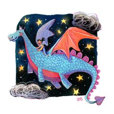 a drawing of a dragon flying through the night sky