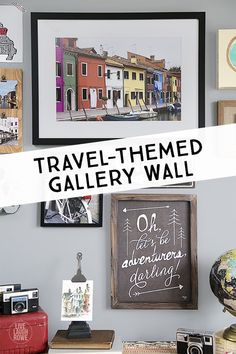 the wall is covered with pictures and other items